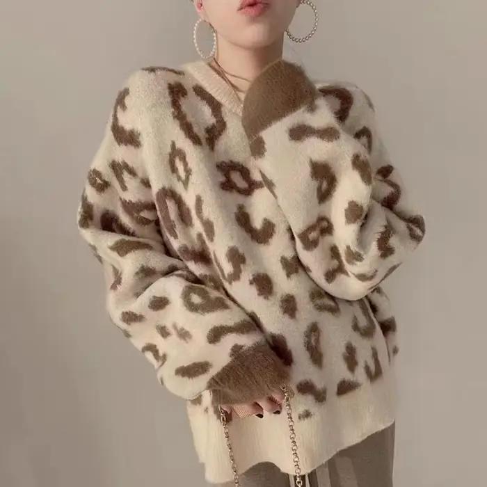 Pull en polyester imprimé léopard ample et décontracté pour femme, nouvelles collections automne-hiver polyvalent et élégant