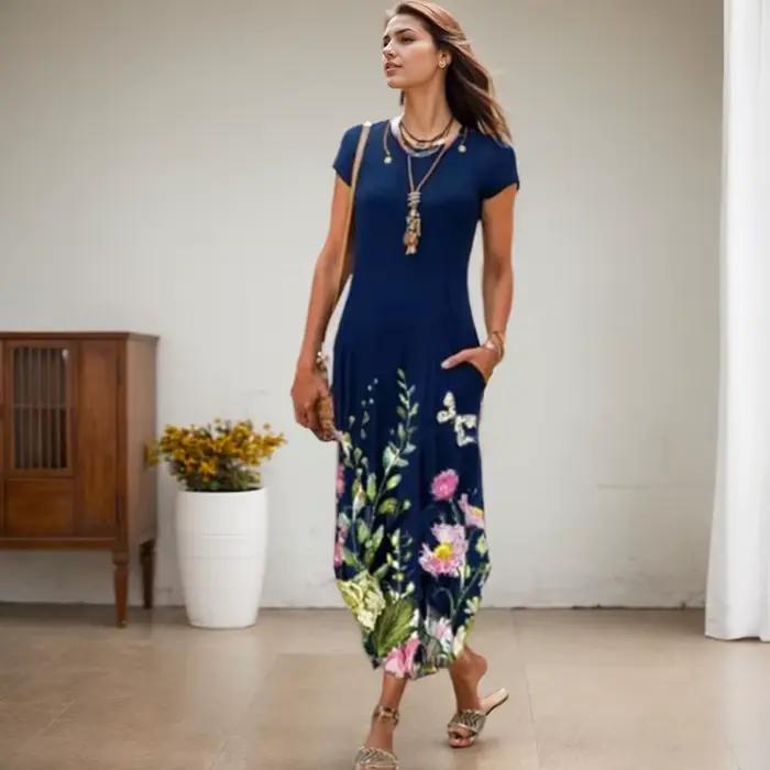 Robe mi-longue vintage à imprimé floral pour femmes, style bohème, polyester et coton, col rond, longueur cheville, printemps été