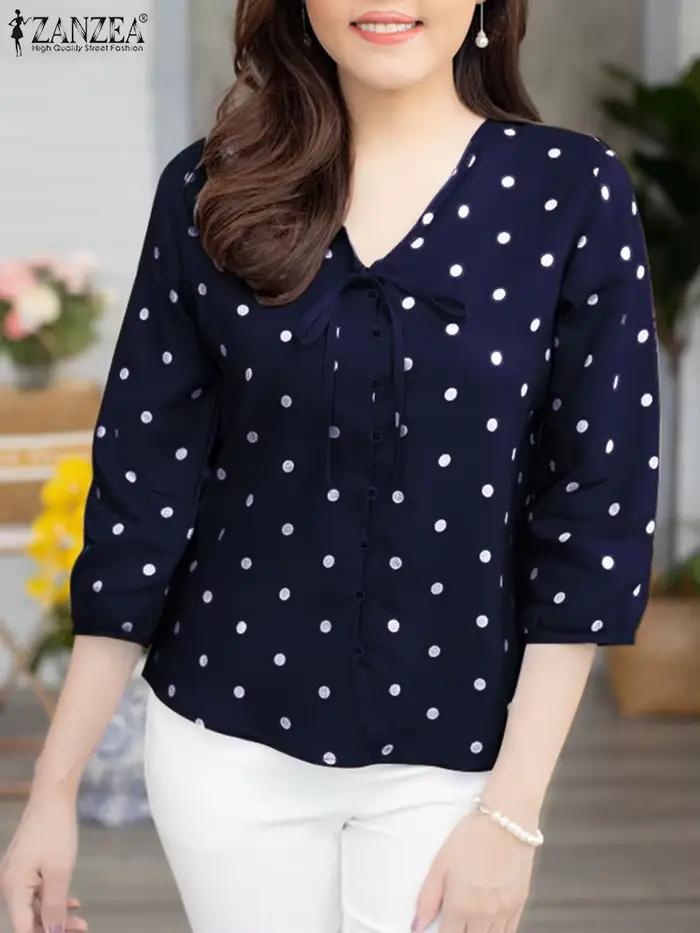 ZANZEA 2025 été à pois bohème Blouse mode 3/4 manches bouffantes chemises décontracté ample à lacets hauts tuniques Blusas Femininas