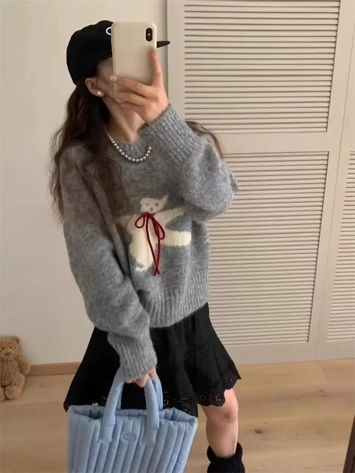 Kawaii femmes recadrée chandails doux Harajuku dessin animé tricoté pulls Style coréen mignon automne hiver pull surdimensionné