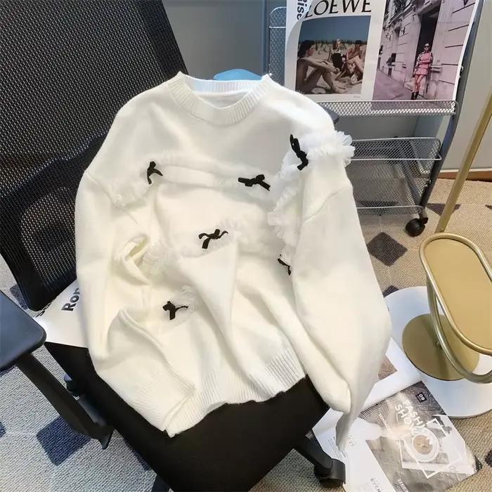 Faire un nouveau pull d'hiver femme col rond dentelle nœud papillon détendu joker bord bref paragraphe