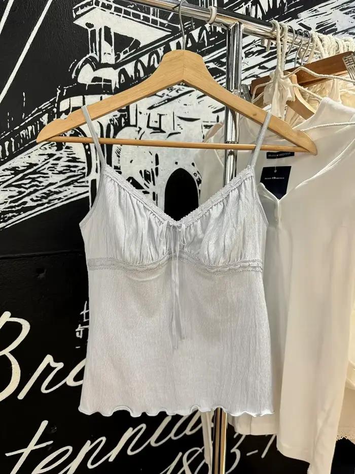 Top Bleu Fin à Lacets et Garniture en Dentelle pour Femme