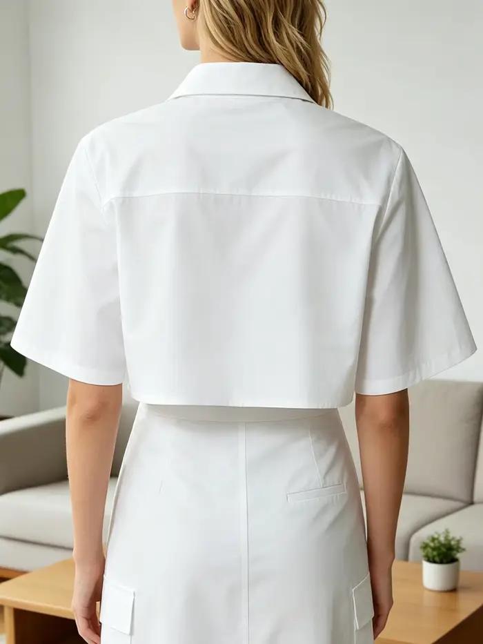 Chemisier court boutonné pour femme à manches courtes avec col et poches à rabat – Style décontracté