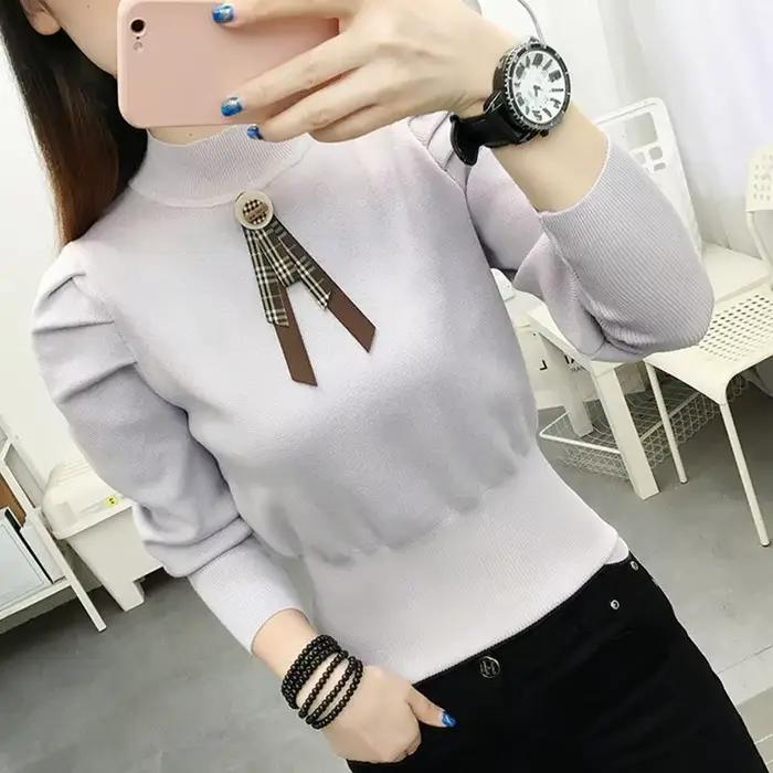 Pull en polyester à col montant et manches bouffantes pour femmes, style coréen doux, nouvelles couleurs pour printemps et été