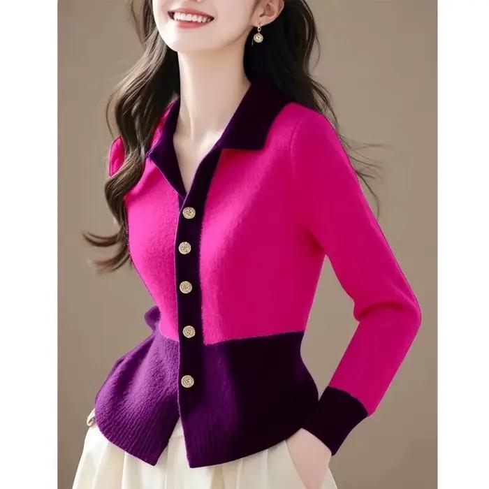 Pull tricoté IOQRCJV femelle pull tricoté streetwear patchwork automne hiver col polo polyvalent à offrir pour femme occassions spéciales