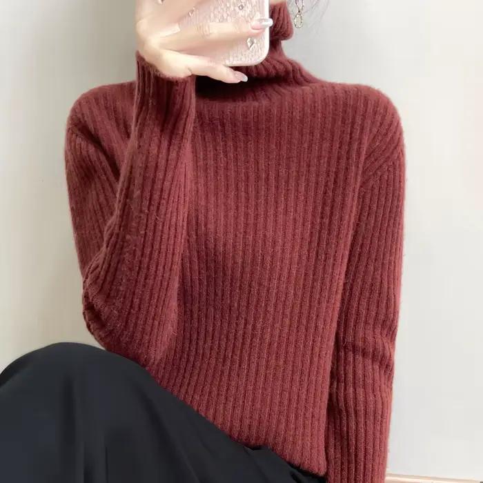 Nouveau cachemire laine col roulé pull femmes automne hiver haut de couleur unie mode tricot femme décontracté épais