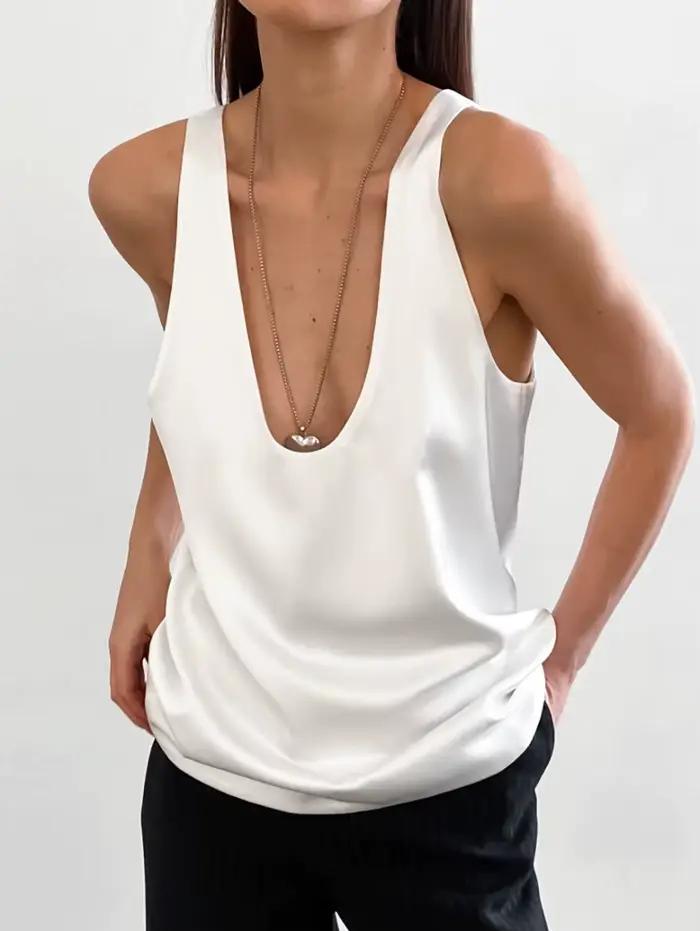 Nouveau Top sans Manches en Satin Couleur Unie 2026 pour Femme