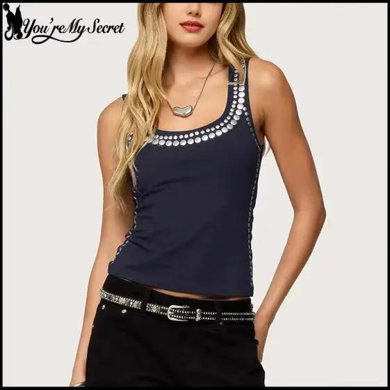 [You're My Secret] Débardeur Noir Femme Tendance Style Punk avec Rivets
