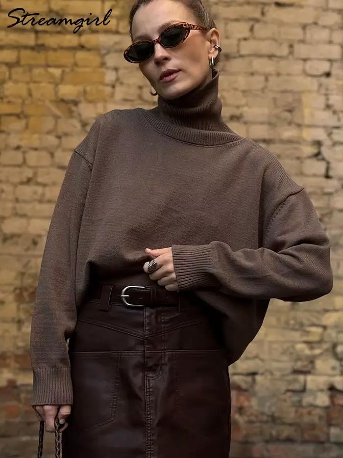 Chandails jaunes à col roulé pour femmes, manches longues, amples, courts, tricotés, chauds, doux, marron, surdimensionnés, automne