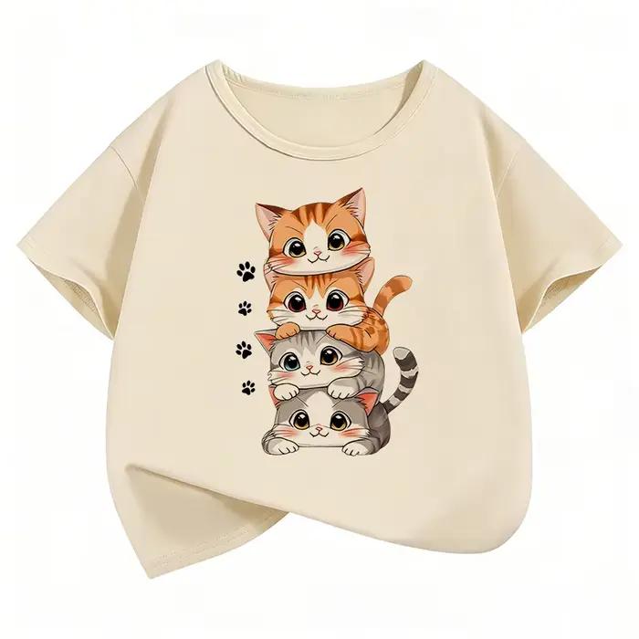 T-shirt en coton pour filles avec motif chaton superposé