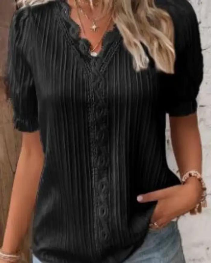 Chemise femme grande taille chemisier jaune-vert violettes blanc uni dentelle manches courtes décontracté basique col