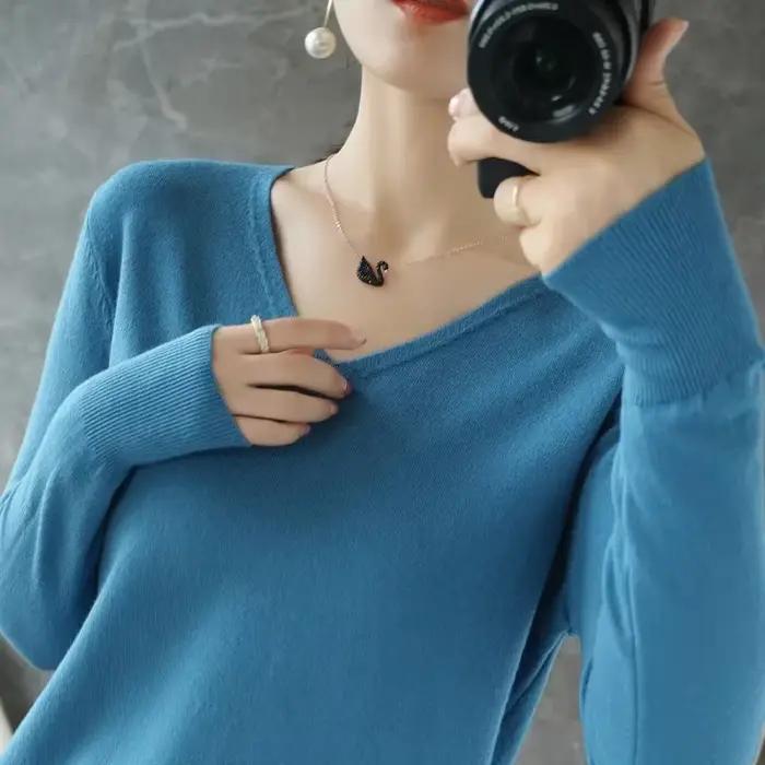 Pull en polyester à manches longues et col en V pour femme, élégant et décontracté pour l'hiver occasions spéciales