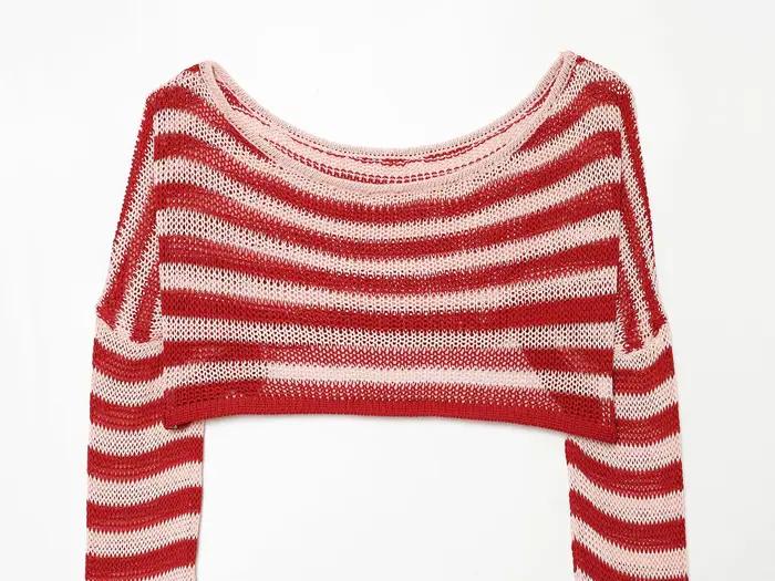 DUOPERI – haut court tricoté à rayures rouge rose pour femme