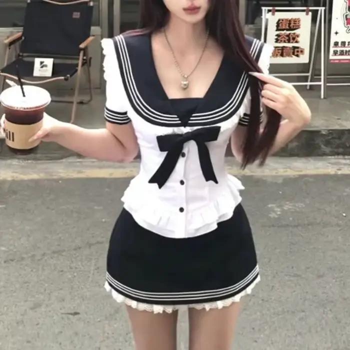 Deeptown doux noeud marin col femmes chemises blanc dentelle à manches courtes mode japonaise Blouses mince Preppy Jk jeune été