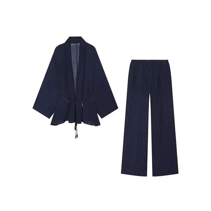 Ensemble 2 pièces décontracté été 2026 pour femme : Blouse à lacets col en V manches longues évasées et pantalon large