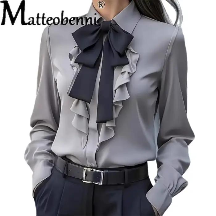 2025 femmes Blouse automne couleur unie à lacets nœud à volants conception chemises décontracté ample à manches longues chemise bureau dames Blusas Mujer