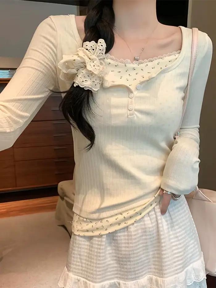 T-shirt Patchwork en Dentelle Femme Style Coréen Printemps Été Occasions Spéciales Élégance Mode Bureau