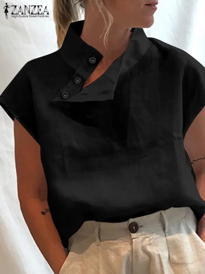 Blouse ZANZEA Femme Été Vintage en Coton Fin Col Roulé Décontractée pour Occasions Spéciales Blanc Bleu Ciel Noir Vert