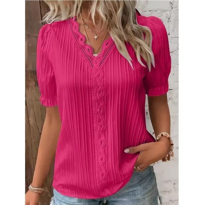 Chemise femme grande taille chemisier jaune-vert violettes blanc uni dentelle manches courtes décontracté basique col