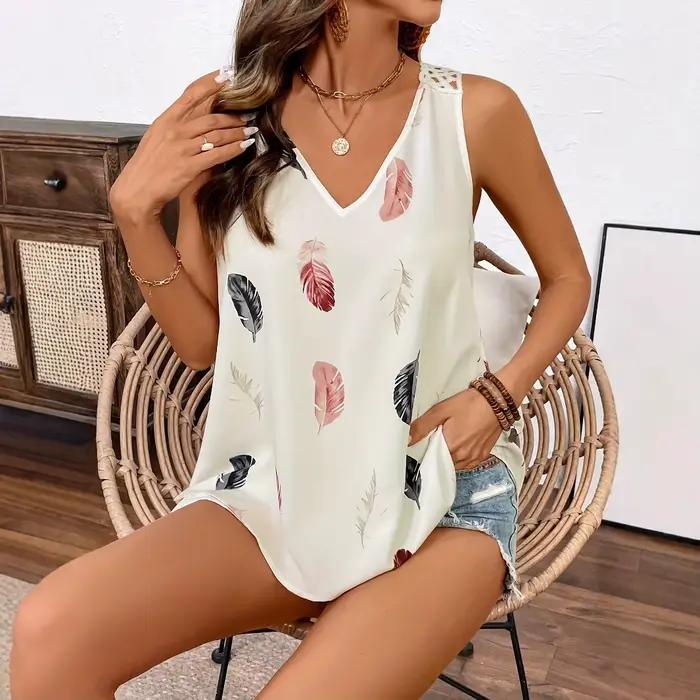 Débardeur ajouré sans manches pour femmes, imprimé plumes et fleurs, bretelles Spaghetti, dos nu en dentelle, col licou, été