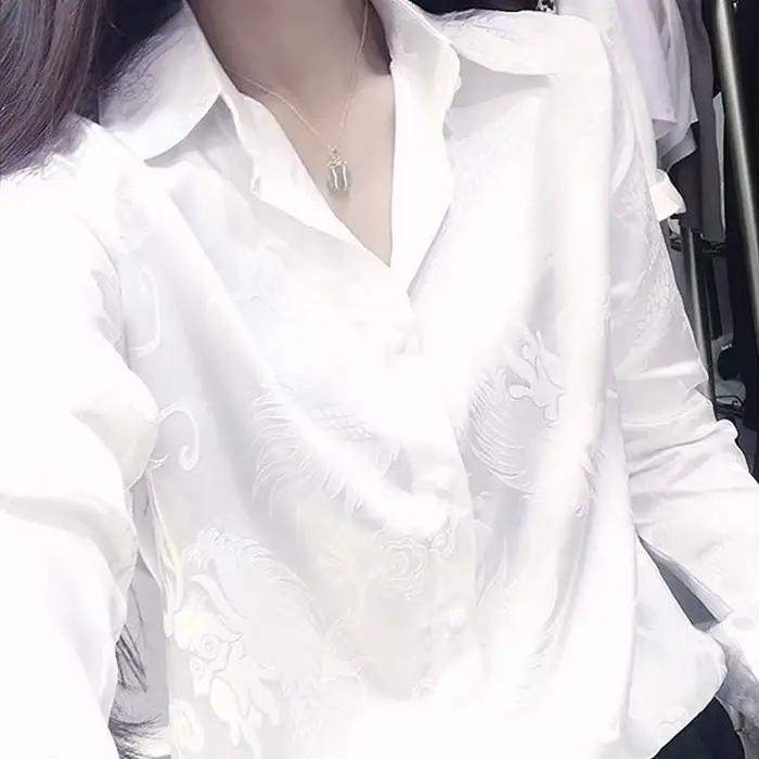 Bureau dame mode Jacquard tissage Blouse Vintage été nouvelle couleur unie femme tout-match col Polo décontracté simple boutonnage chemise