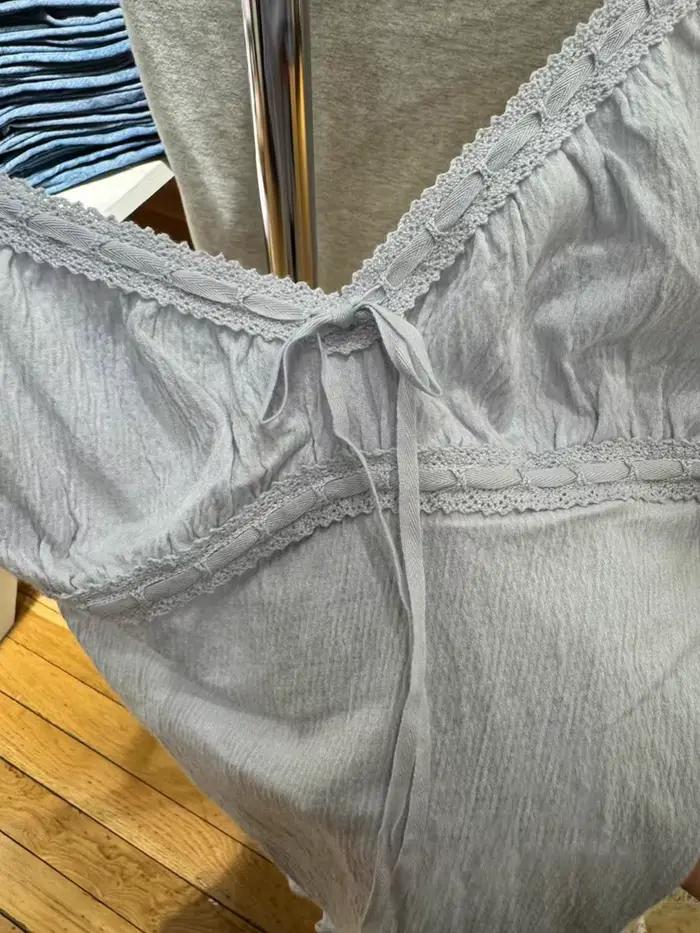 Top Bleu Fin à Lacets et Garniture en Dentelle pour Femme