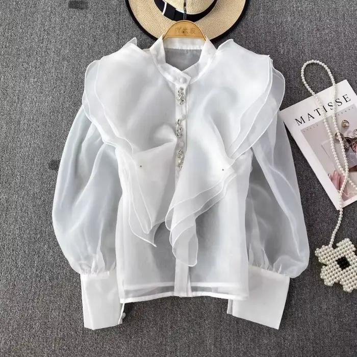 Chemisiers et hauts chics pour femmes, chemisier à volants en Organza pour femmes, Blusa transparente en maille perlée, mode coréenne élégante, livraison directe