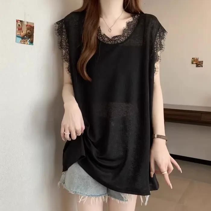 T-shirt sans manches en dentelle polyester décontracté pour femmes printemps été ocassions spéciales