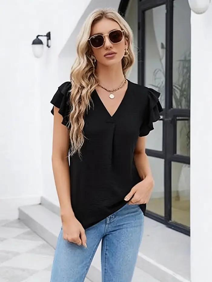 Chemise décontractée en polyester froissé avec col en V et manches à volants pour femmes occasions estivales et décontractées