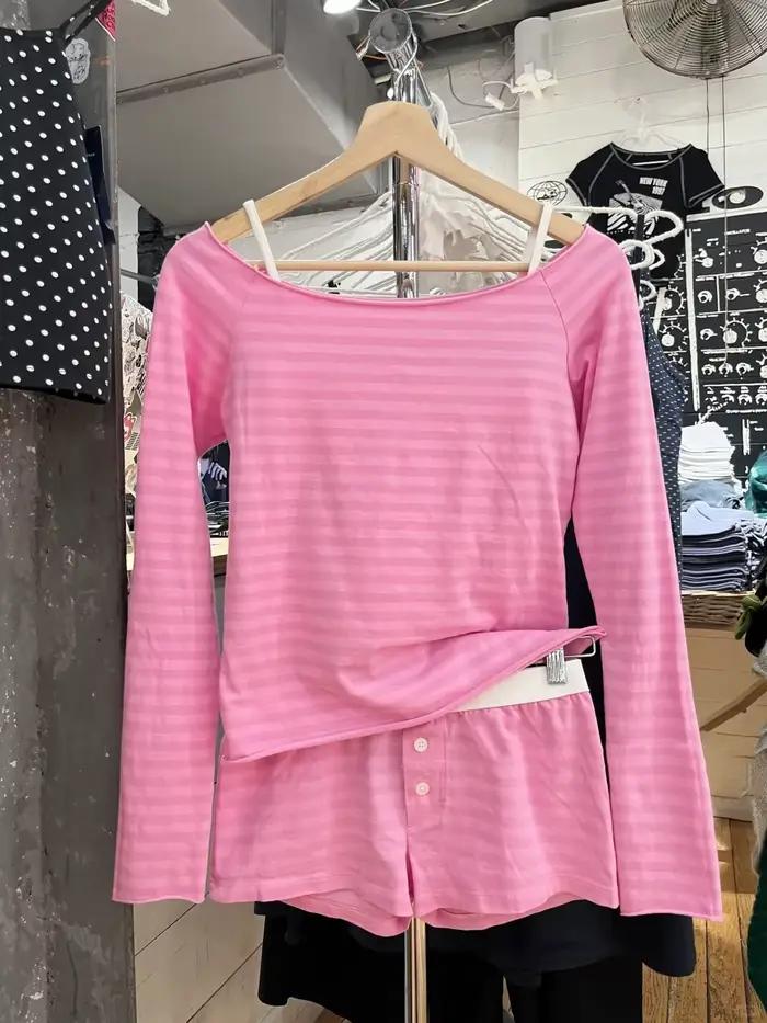 T-shirt rose rayé à manches longues pour femme, style préppy doux, Y2K, printemps été, coupes ajustées, matériau coton polyester, occassions spéciales, entretien facile