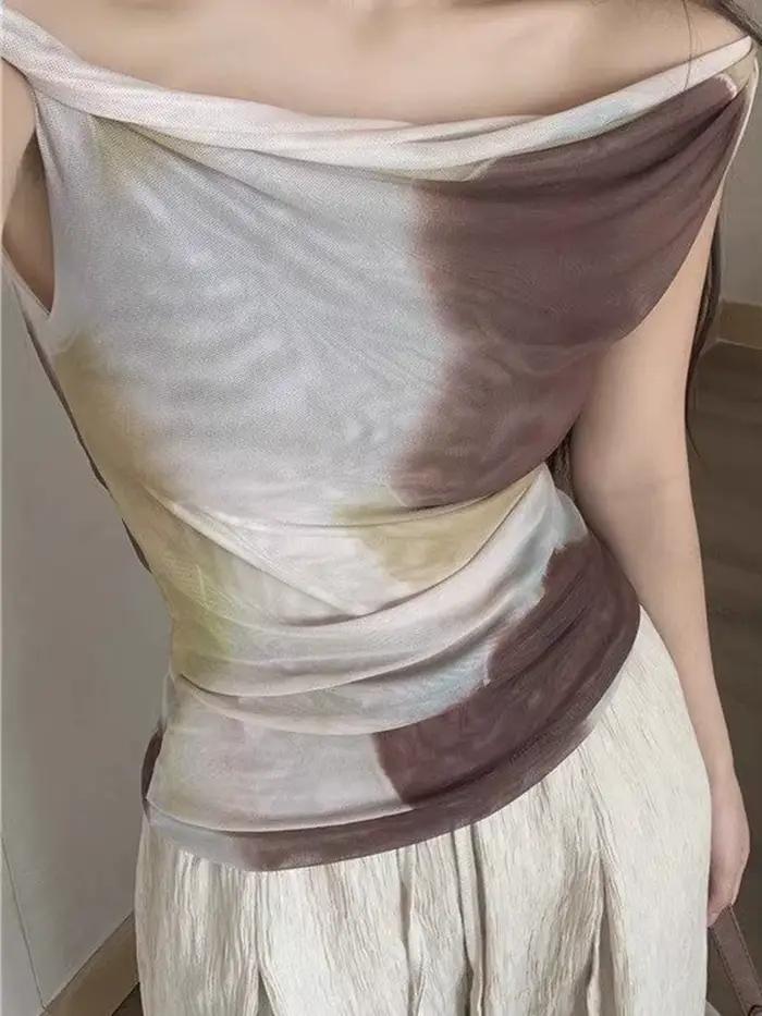 Aoaiiys Débardeur Femme Été Épaules Dénudées Camisole Imprimé Tie-Dye Abstrait Maille Coupe Irrégulière Ajustée Décontracté Streetwear