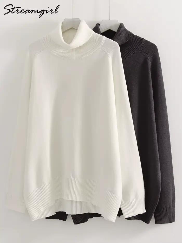 Pulls à col roulé blancs pour femmes, pull en tricot surdimensionné pour l'automne, pulls en tricot gris, pulls épais pour femmes pour l'hiver.