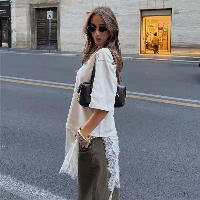 MUJER Polo dentelle T-shirt femme contraste débardeur décontracté femmes à manches courtes haut asymétrique