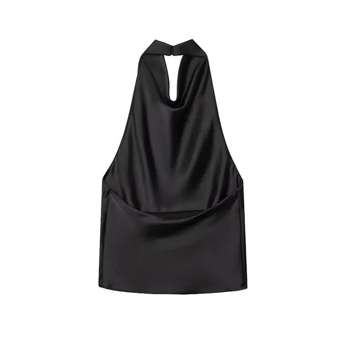 Hauts Halter Femme 2026 – Top Dos Nu en Satin Noir