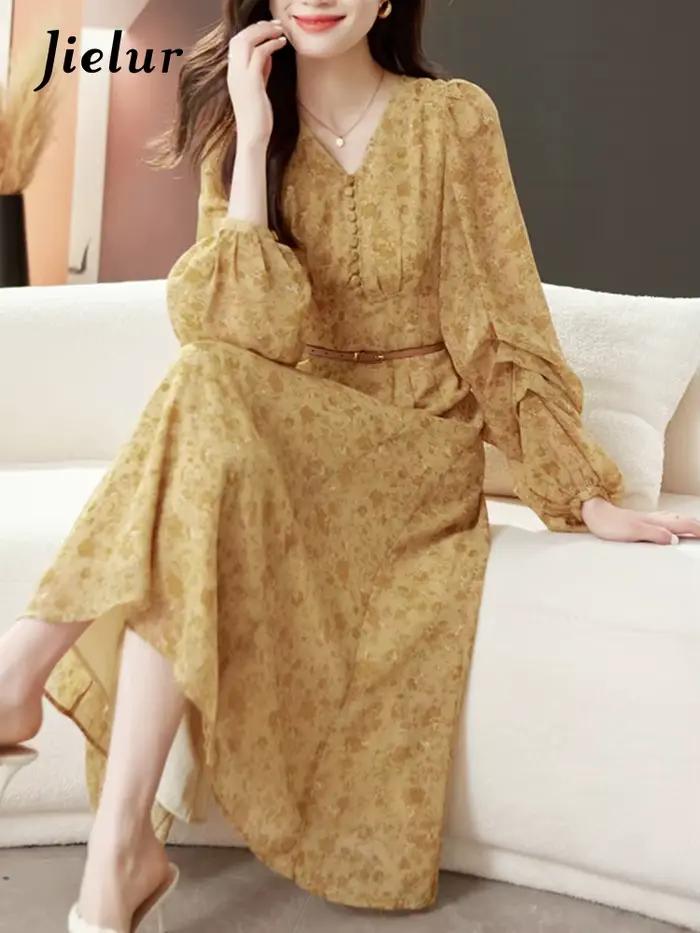 Jielur-Robe en mousseline de soie florale vintage pour femmes