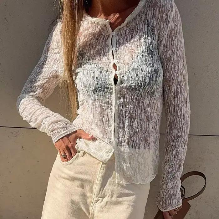 Chemisier en dentelle blanche transparent pour femmes manches longues élégant habillé vintage romantique bureau 2025