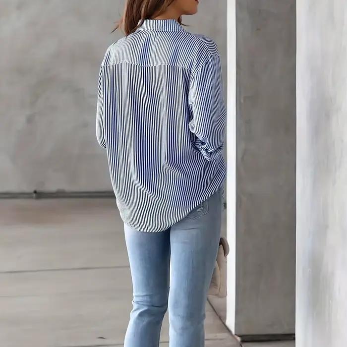 Chemise à rayures bleues décontractée pour femmes, printemps été, manches longues, chemisier ample, élégante, col rabattu, occasionnels professionnels et décontractés