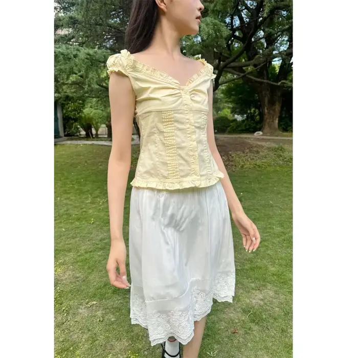 Fée Grunge Crop Tops pour Femmes y2k Vintage Cap Manches Chemises Babydoll Boutonné Volants Ourlet Esthétique Ajusté T-shirts
