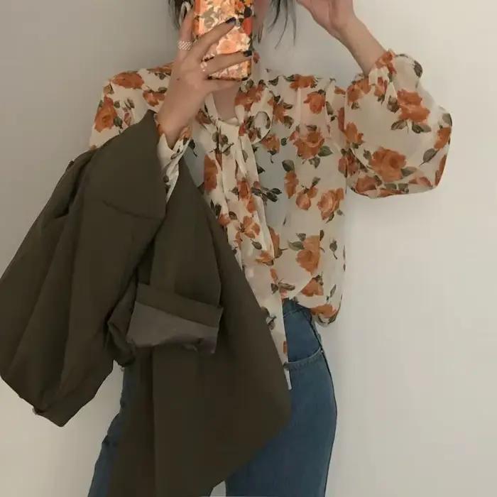 Chemisiers rétro à manches longues pour femmes design floral doux mode coréenne chic printemps automne