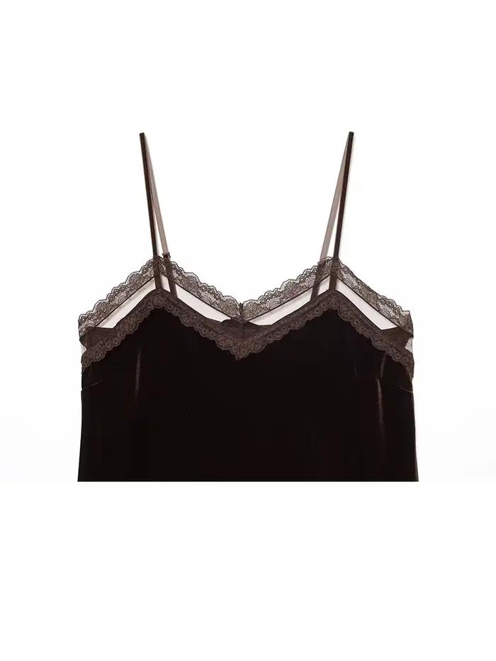 HH femme mode col en v sans manches dentelle décoration courte velours fronde haut