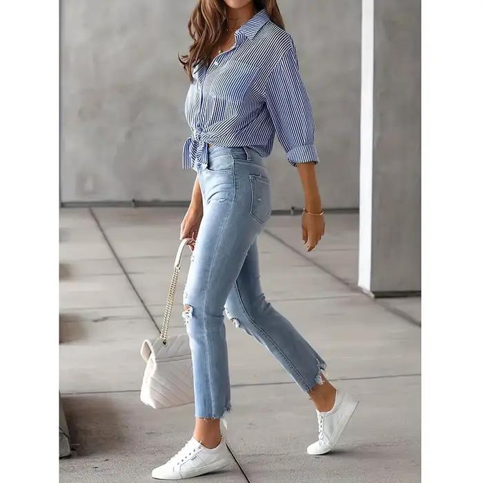 Chemise Classique à Rayures Bleues Pour Femmes Style Décontracté Taille Ample Femmes Occasions Spéciales Bureau Automne Hiver