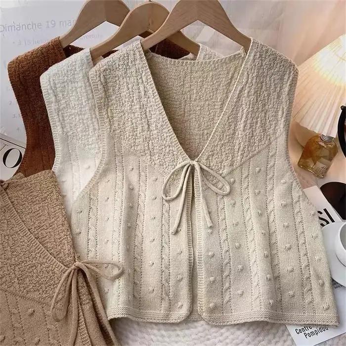 Gilet pull sans manches en tricot à lacets pour femme, col en V, décontracté, printemps automne, polyester, taille réglable, style doux, occassions spéciales