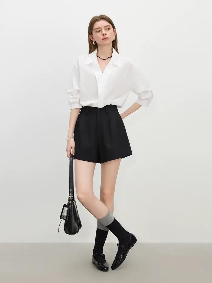FSLE Style français chemise élégante manches cinq-quarts haut tendance pour les femmes 2025 été nouveau col en v polyvalent décontracté hauts 25FS12536