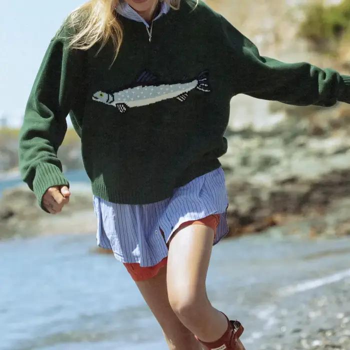 2025 Collection femmes O cou poisson broderie chandails Premium automne hiver couleur unie pulls décontracté