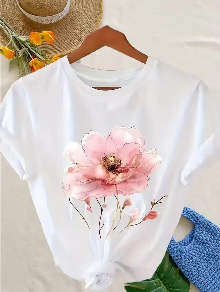 T-shirt à imprimé floral pour femme avec accents dorés - Haut décontracté à manches courtes