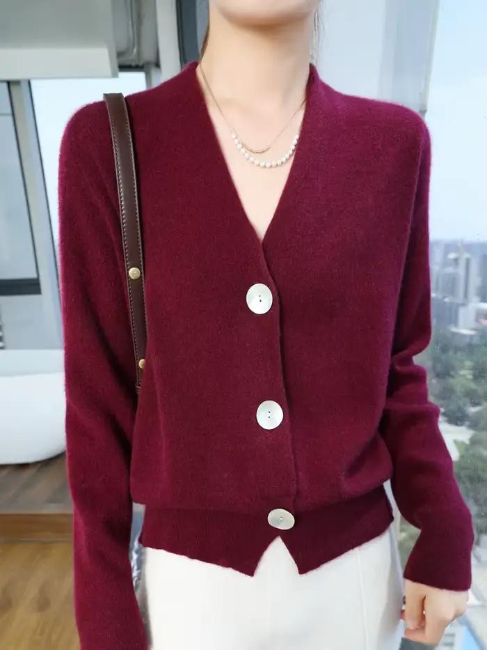 Pull en cachemire et laine mérinos col en V pour femmes, cardigan automne hiver, élégant et confortable pour le bureau et les soirées