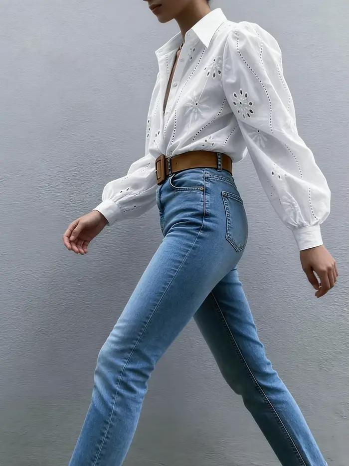 Chemisier Femme Printemps-Été Blanc Broderie Anglaise Manches Longues Bouffantes Saint-Valentin Élégant Romantique Décontracté Vacances
