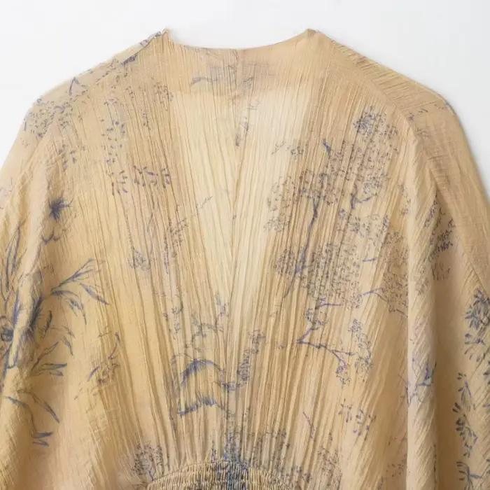Chemisier floral vintage pour femme – Haut en mousseline de soie style bohème à col en V profond avec manches plissées