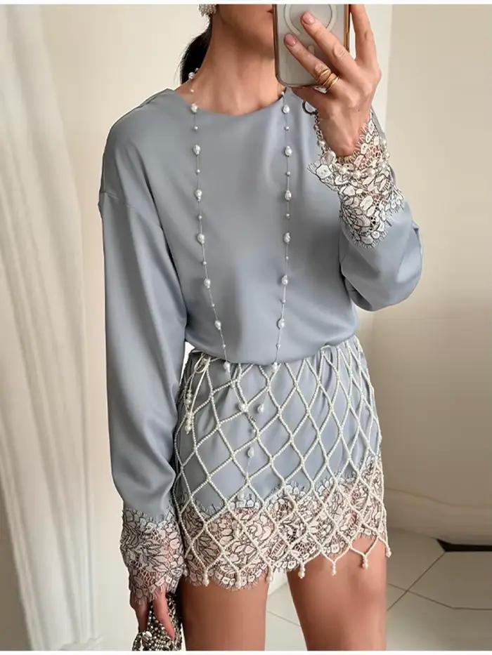 Blouse élégante en satin et dentelle style rétro pour femme romantique chic décontractée tendance streetwear ensemble deux pièces ```