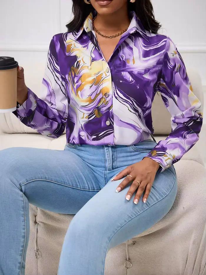 Chemisier Femme Printemps-Été Imprimé Marbre Violet Doré Col Boutonné Manches Longues Satin Luxe Élégant Quotidien Bureau